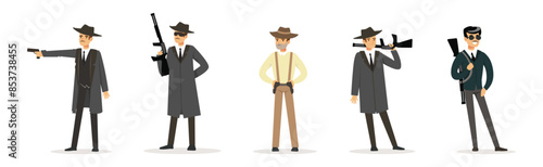 Man Gangster in Coat and Hat with Handgun Vector Set