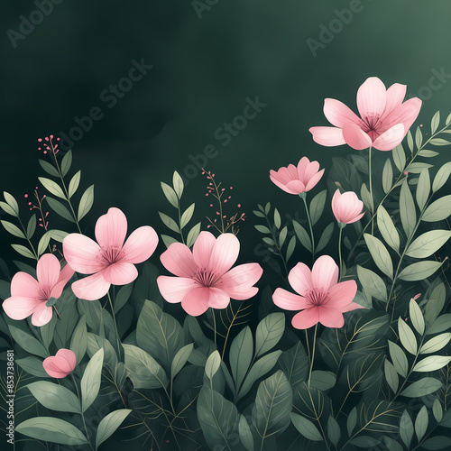 watercolor illustration of purple, pink, magenta, and red flowers with green leaves set against a dark green background. This botanical art concept beautifully captures the vibrant colors. © OzCam