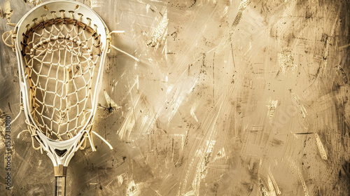 Old lacrosse stick against a rustic, textured background, highlighting its aged and worn appearance. Suitable for sports history, vintage decor, or athletic themes.