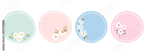 Set of floral wreath with daisy flower and green leaves on green, pink and blue signs isolated on white background vector.