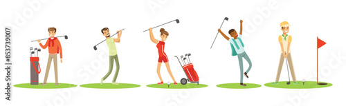 People Character Playing Golf with Club Vector Set