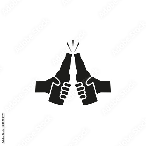 Two bottles of beer are held in hands. Clink, cheers and toasting. Vector illustration white background. Hand holding a bottle of beer.