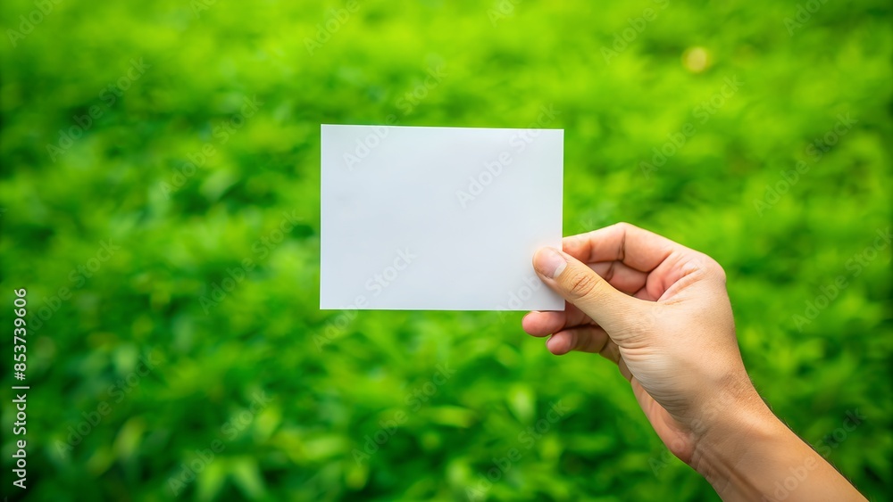 hand holds a white paper on the green background hand holds a white paper on the green background