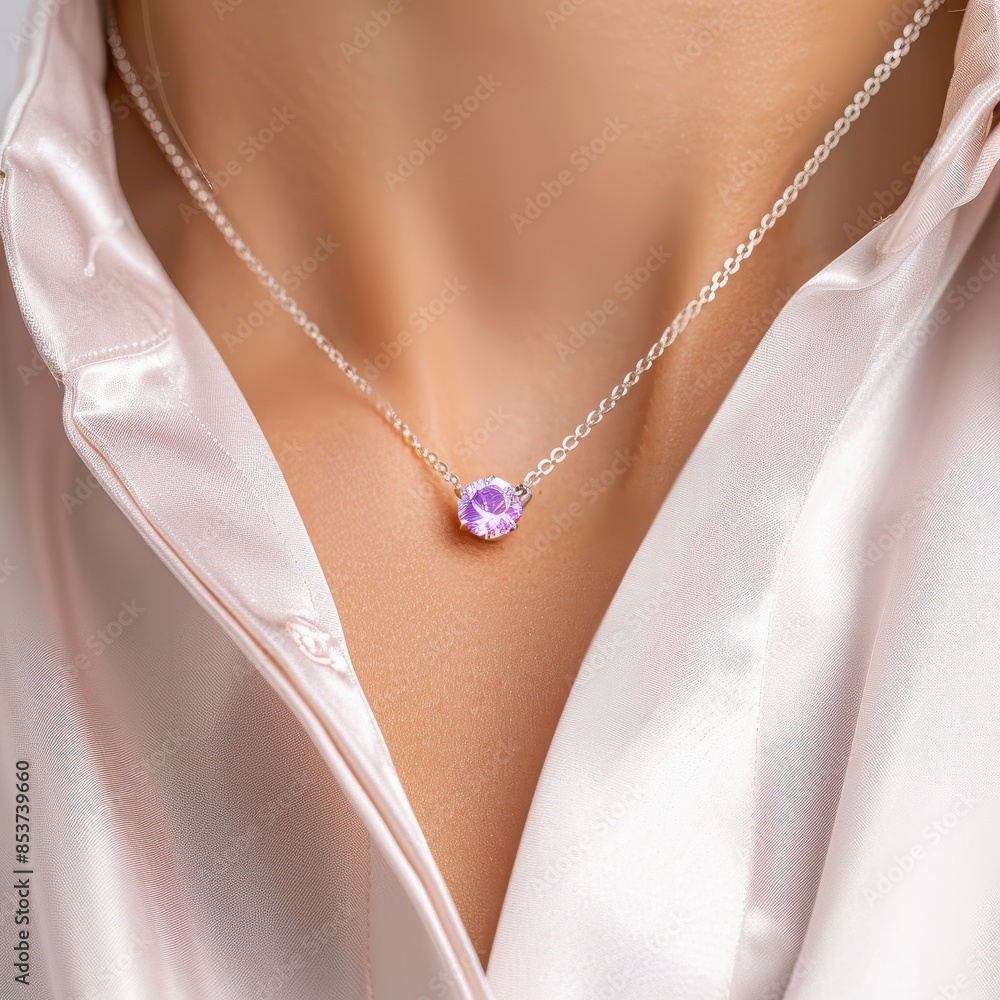 Lustrous diamond necklace featuring a radiant pendant in stratified layers of aged stone reflecting pale lavender hues minimalist elegance highlighting the diamond's clarity model's hand elegantly Lustrous diamond necklace featuring a radiant pendant in stratified layers of aged stone reflecting pale lavender hues minimalist elegance highlighting the diamond's clarity model's hand elegantly