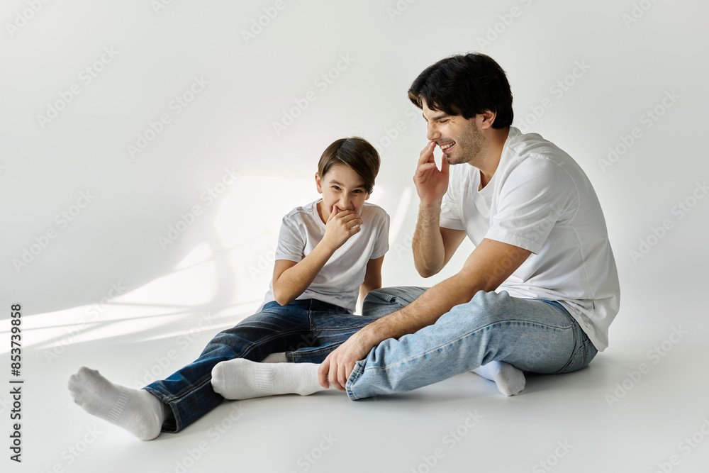 A father and son sit on the floor, laughing together. A father and son sit on the floor, laughing together.