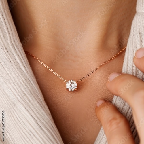 Stunning diamond necklace with a gleaming pendant in layers of weathered wood reflecting gentle rose gold hues minimalist elegance model's fingers holding the necklace white background soft lighting