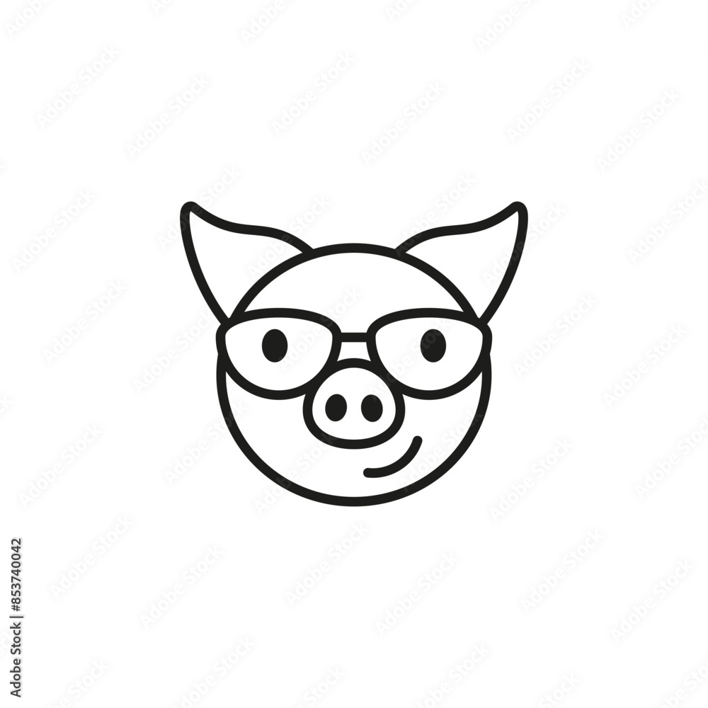 Cute pig with glasses. Front view. Outline vector isolated illustration on white background. Flat style and design. Cute pig with glasses. Front view. Outline vector isolated illustration on white background. Flat style and design.