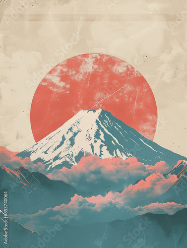 Minimalist, flat design, mountain fiji in Japan with the sun behind it, and snow on it, landscape, travel poster photo