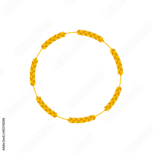 Circle of ears of wheat. Circular round ornament and frame of wheat ears. Color vector illustration on a white background.