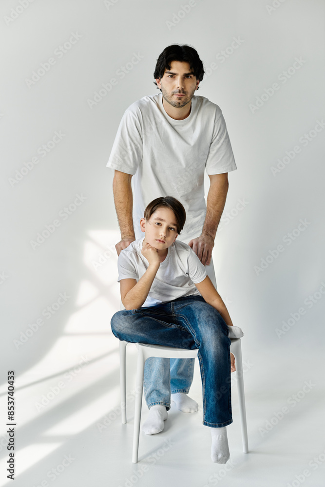 A father and his son in white t-shirts pose for a photo in a white studio. A father and his son in white t-shirts pose for a photo in a white studio.