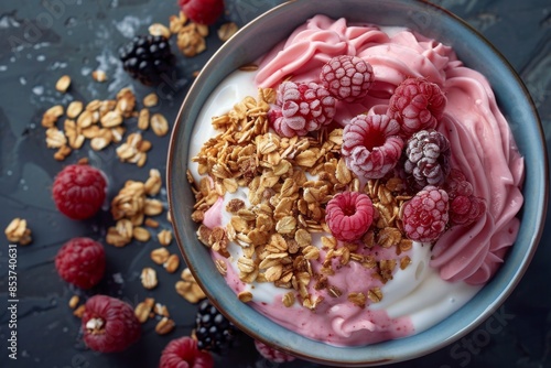 Pink and White Yogurt Bowl with Granola and Berries