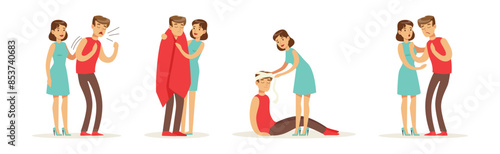 Woman Help Man as Emergency First Aid and Rescue Scene Vector Set