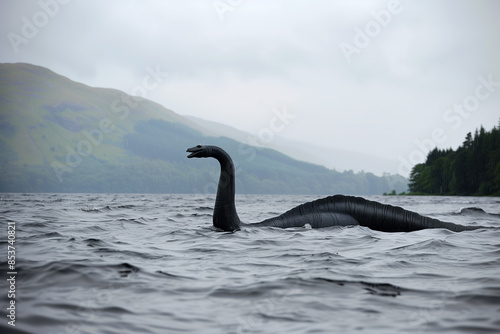 The Loch Ness Monster emerges from the lake in front of onlookers. A photograph in the style of retro reportage from the press.