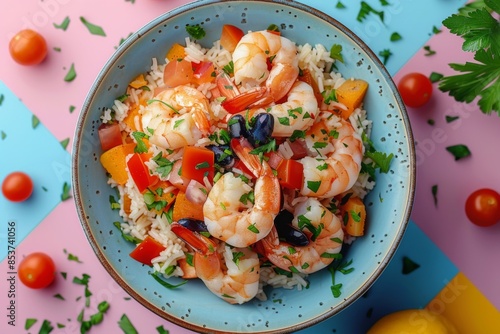 Bowl of shrimp and rice with vegetables on pastel backdrop photo