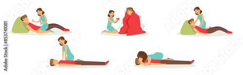 Woman Help Man as Emergency First Aid and Rescue Scene Vector Set