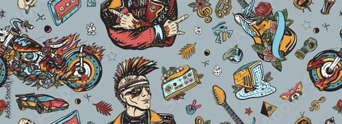 Rock music lifestyle. Old school tattoo seamless pattern. Punk rocker musician, motorcycles and electric guitars, joystick. Symbol of street culture