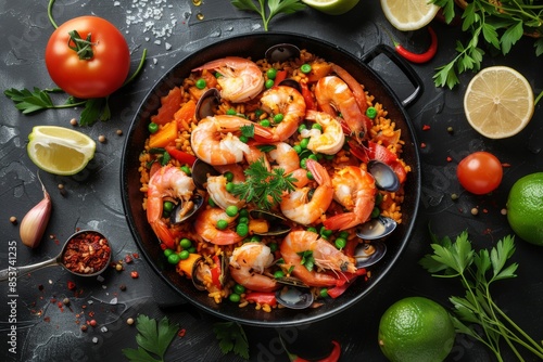 Wallpaper Mural Delicious Seafood Paella in a Pan on Dark Background Torontodigital.ca