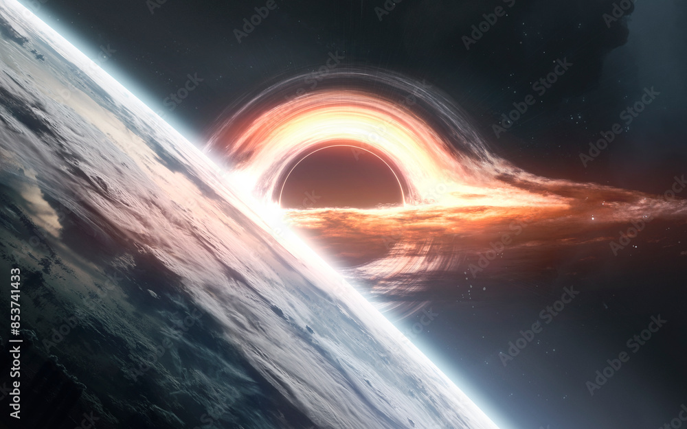 3D illustration of big glowing black hole in space. High quality digital space art in 5K - realistic visualization