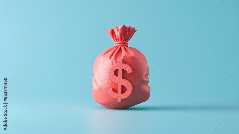 Obraz premium Red bag with a dollar sign, symbolizing wealth and savings, against a light blue background. Concept of finance, currency, and investment. 3D Illustration.