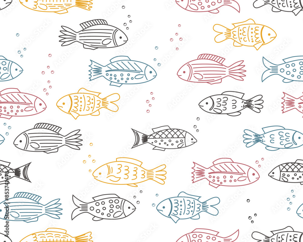 Seamless pattern of hand drawn fish. Scandinavian style ocean fish. Line contour white background Seamless pattern of hand drawn fish. Scandinavian style ocean fish. Line contour white background