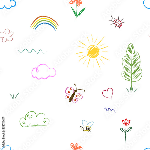 Seamless pattern of a set of doodles drawn by a child. Sun, rainbow, clouds, tree, butterfly, bee, beetle.