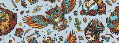 Native American Indian old school tattoo style. Seamless pattern Ethnic warrior shaman woman, female, dream catcher, bear and owl