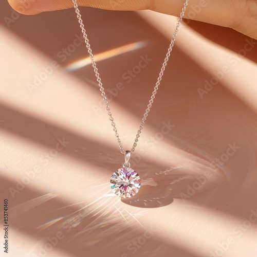 Radiant diamond necklace featuring a sparkling pendant amidst weathered silver surfaces reflecting pale peach hues minimalist design model's fingers gently holding the necklace white background soft