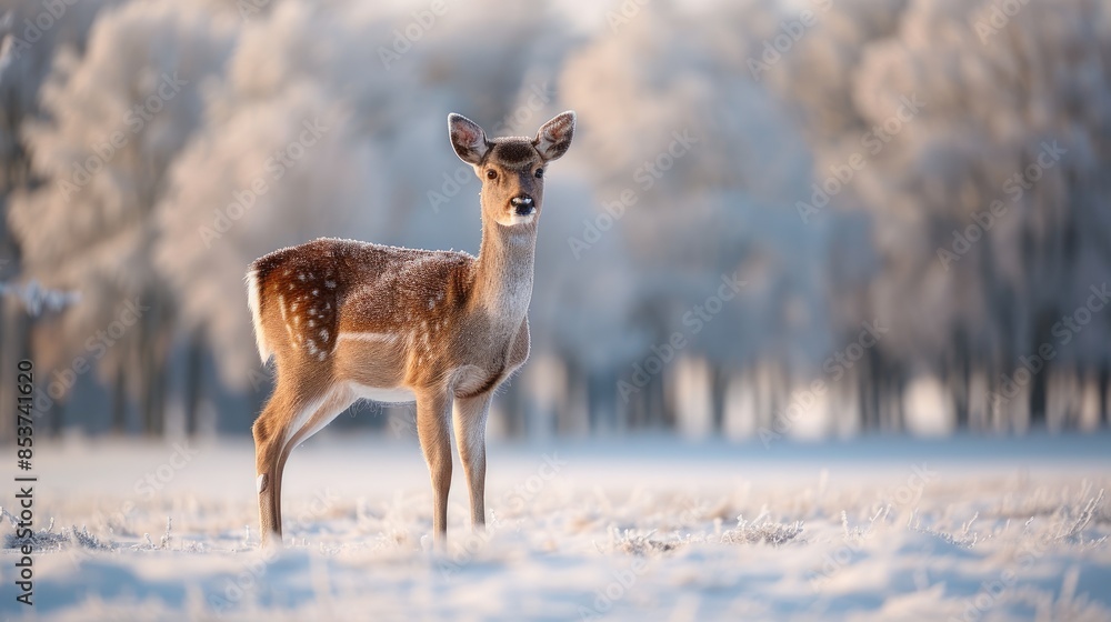 Lone Deers Tranquility A lone deer standing in a snowy meadow, with frost-covered trees in the background, evoking a sense of tranquility and the beauty of winter Lone Deers Tranquility A lone deer standing in a snowy meadow, with frost-covered trees in the background, evoking a sense of tranquility and the beauty of winter