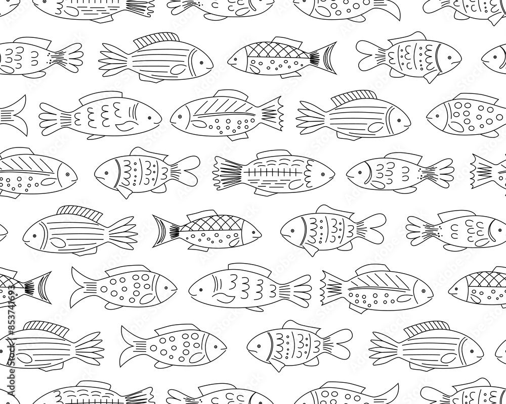 Fish Abstract Line Pattern Seamless pattern hand drawn fish. Line outline white transparent ...