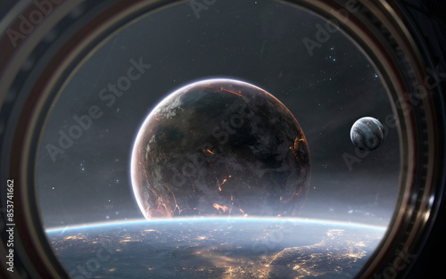 Obraz na płótnie 3D illustration of beautiful cosmic scene with planets. High quality digital space art in 5K - realistic visualization w salonie