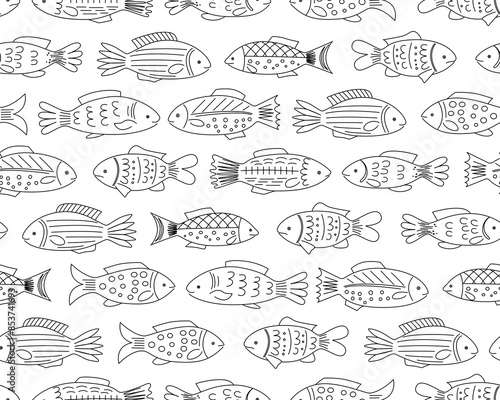 Seamless pattern hand drawn fish. Line outline white transparent background. Set of vector icons of ocean fish.