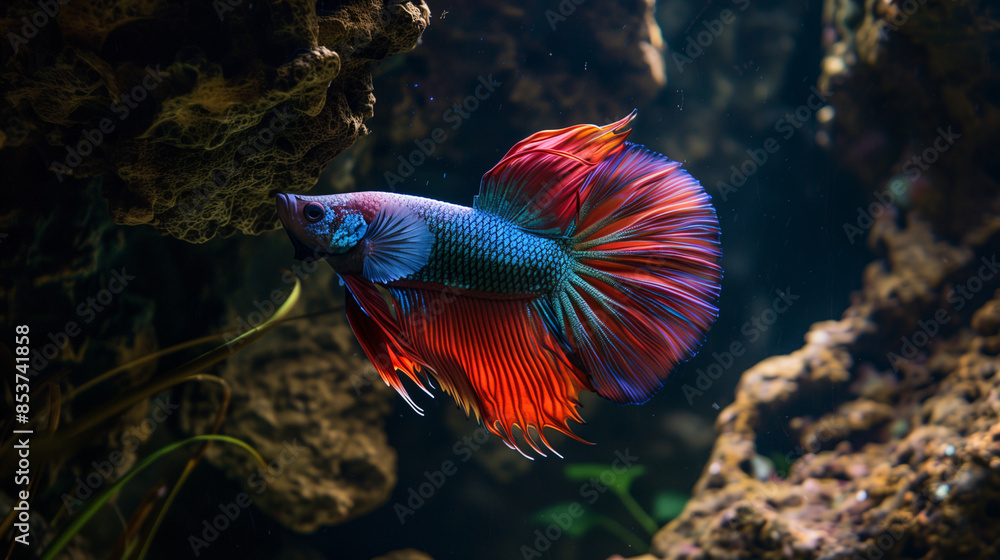 Fototapeta premium Crown tail fighting fish with iridescent scales swimming gracefully through a dark, mysterious underwater cave
