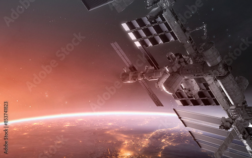 Obraz na płótnie 3D illustration of space station at Earth planet orbit. High quality digital space art in 5K - realistic visualization w salonie