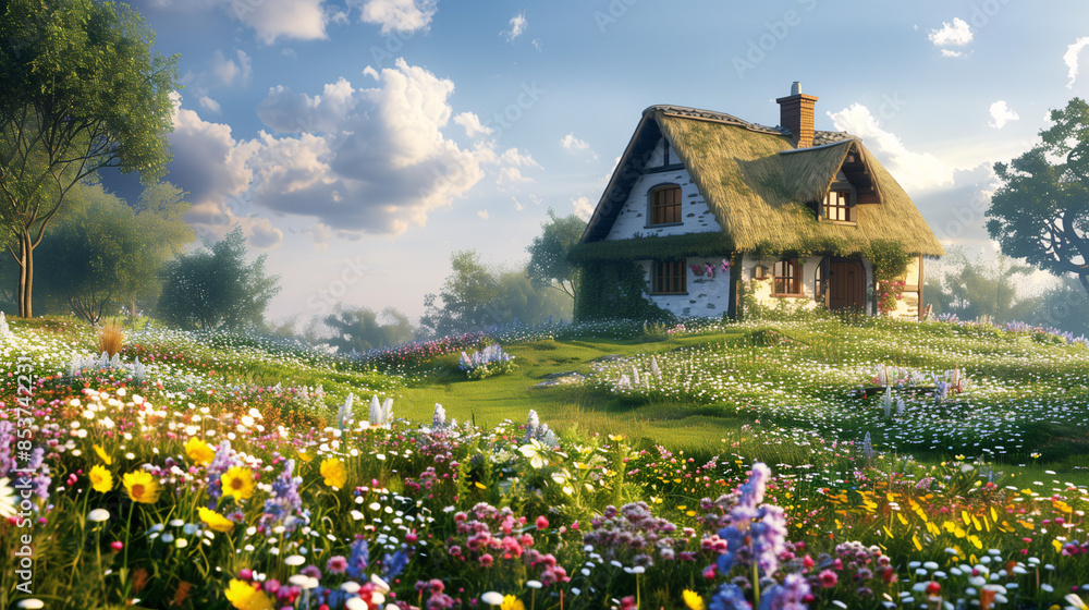 Obraz premium A cozy cottage nestled in a field of wildflowers, with a thatched roof and a welcoming front porch