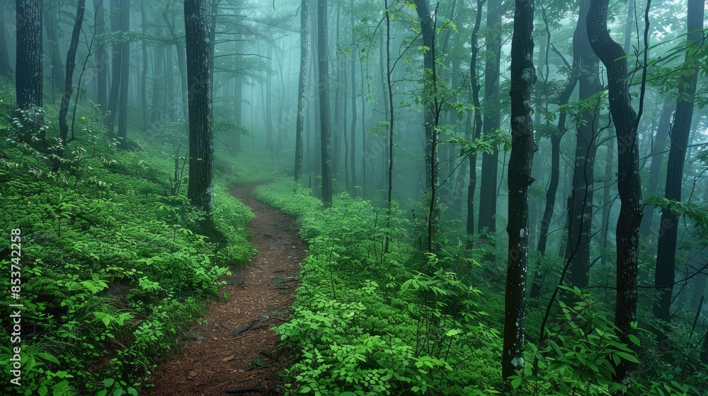 Misty Mystery A misty forest trail, a high-resolution image with a glossy backdrop, evoking the mystery and beauty of backpacking through lush, foggy landscapes Misty Mystery A misty forest trail, a high-resolution image with a glossy backdrop, evoking the mystery and beauty of backpacking through lush, foggy landscapes