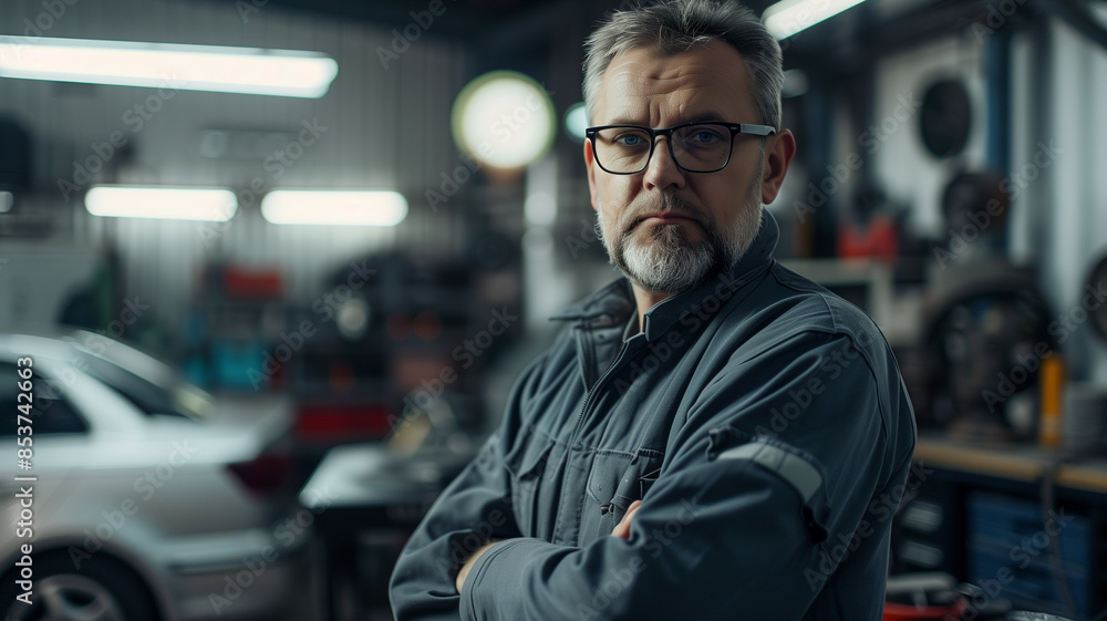 A serious male mechanic in a workshop, wearing a grey jumpsuit, standing with arms crossed in front of a car. A serious male mechanic in a workshop, wearing a grey jumpsuit, standing with arms crossed in front of a car.