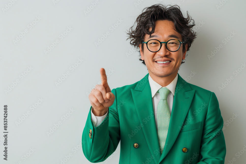 Smiling Man in Green Suit Pointing Upward.