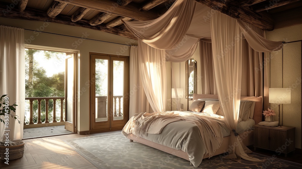 Luxurious Bedroom with a Canopy Bed, Rustic Wooden Ceiling and Gray Accents Luxurious Bedroom with a Canopy Bed, Rustic Wooden Ceiling and Gray Accents
