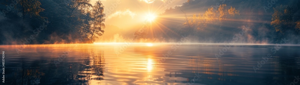 Serene Sunrise Over Misty Lake with Golden Light and Reflective Water Surrounded by Lush Forest Serene Sunrise Over Misty Lake with Golden Light and Reflective Water Surrounded by Lush Forest