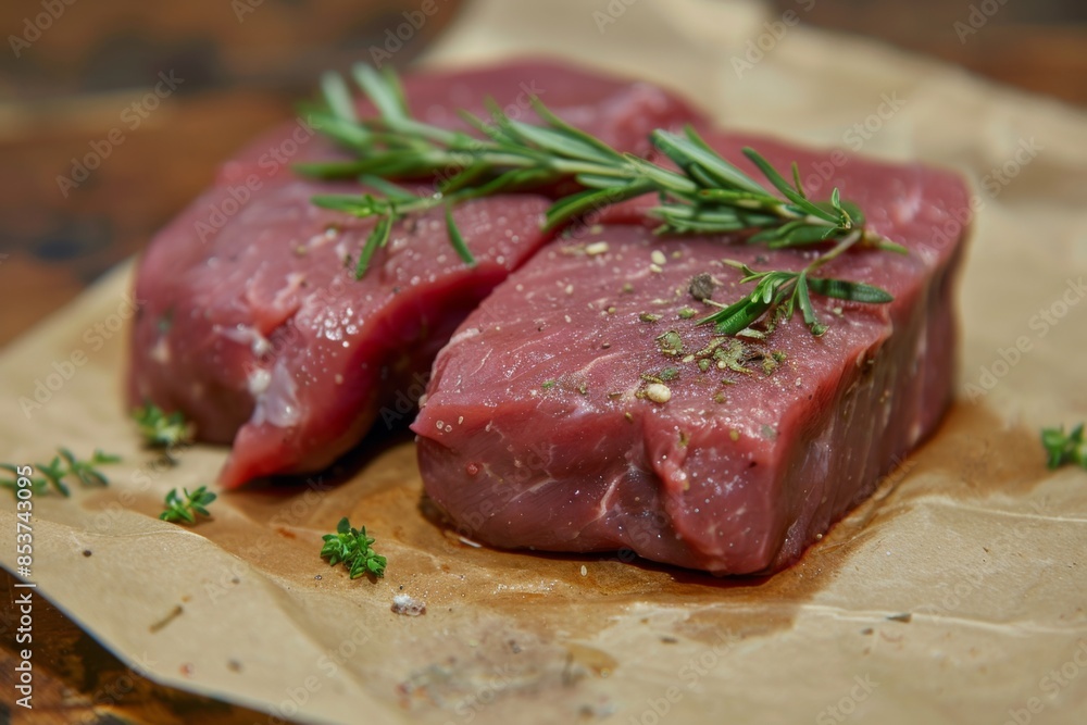 Raw Beef Steaks with Herbs on Parchment Paper Raw Beef Steaks with Herbs on Parchment Paper