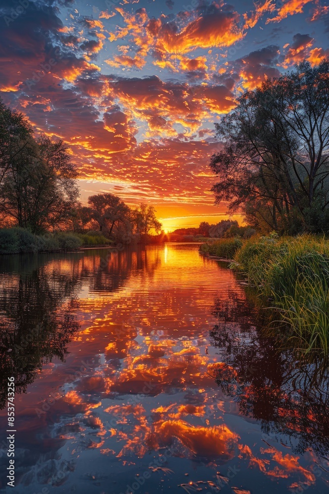 Obraz premium Stunning Sunset Over Serene River with Dramatic Clouds and Reflective Water Surrounded by Lush Greenery and Trees