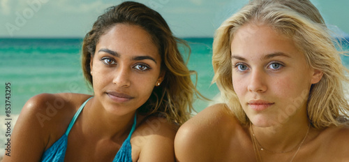 two young adult women sit o...