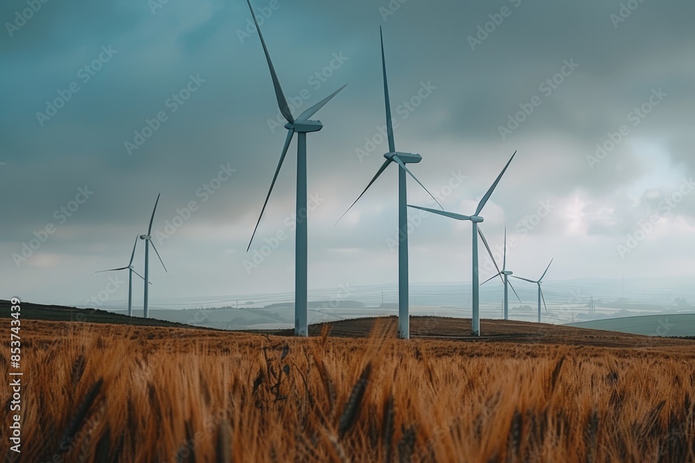 Obraz premium A field of wind turbines with a cloudy sky in the background. The windmills are tall and spread out across the field