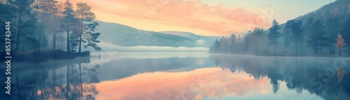Wallpaper Mural Serene Sunrise Over Misty Lake with Reflections of Trees and Mountains in Autumn Torontodigital.ca