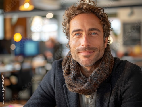 a businessman aged 40-45 years wearing a suit and a scarf around his neck, a portrait of a successful and elegant entrepreneur smiling kindly at the camera