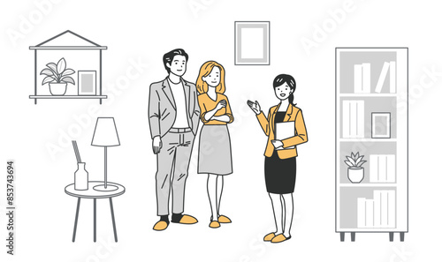 部屋や保険を案内する女性とカップル