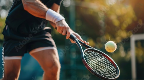 Close-up of a man playing tennis, focusing on the hand holding a racket, hitting a vibrant yellow-greenish blue ball on a clay court in an outdoor park. Tennis action shot, highlighting the dynamic