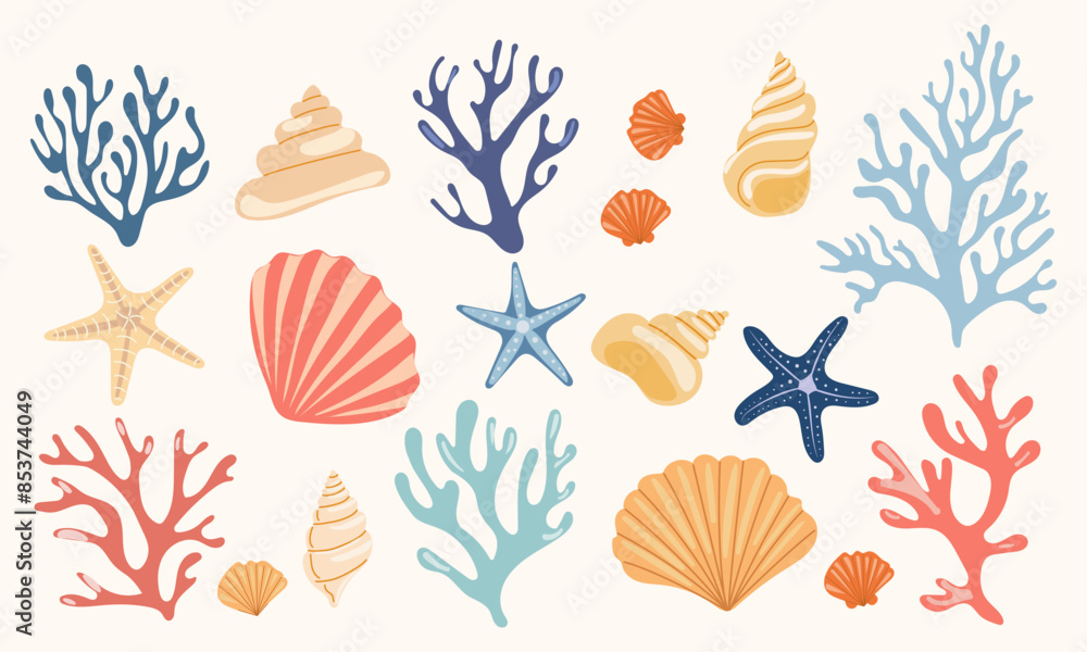 Set of various sea shells, starfishes and corals. Aquarium plants. Cartoon ocean plants. Underwater reef flora vector illustration icons set Set of various sea shells, starfishes and corals. Aquarium plants. Cartoon ocean plants. Underwater reef flora vector illustration icons set