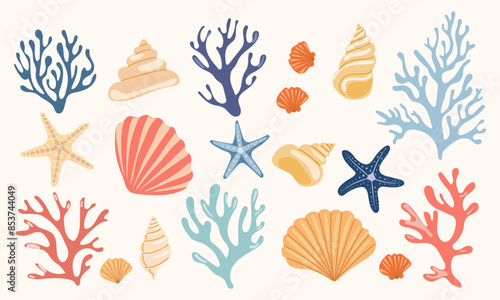 Set of various sea shells, starfishes and corals. Aquarium plants. Cartoon ocean plants.  Underwater reef flora vector illustration icons set