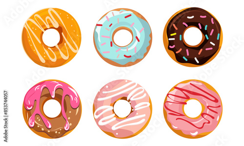 Set of colorful donuts. Various types of donuts in glaze and chocolate, elements for design of cafe, menu, promo banner. Flat vector cartoon illustration.
